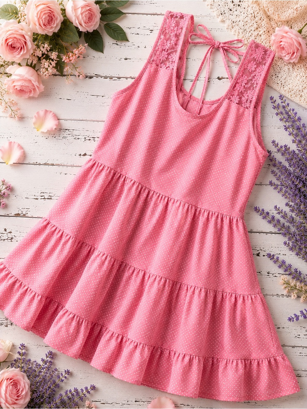 NWT Mine Pink Polka Dot Lace Shoulder Tiered Dress Size Small